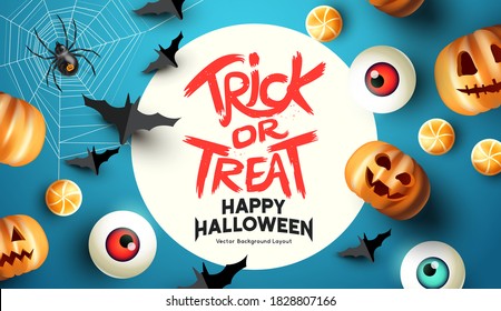 Spooky and fun happy halloween event layout design background. including bats, sweets, and grinning jack o lantern pumpkins. Vector illustration.