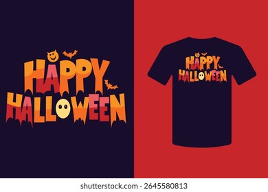 Ilustração de vetor de design de camiseta Feliz Halloween com elementos festivos como fantasmas, abóboras e morcegos - perfeito para vestuário, impressão ou mercadorias sazonais.