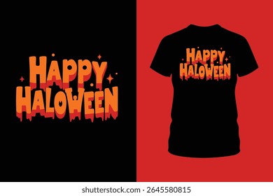 Ilustração de vetor de design de camiseta Feliz Halloween com elementos festivos como fantasmas, abóboras e morcegos - perfeito para vestuário, impressão ou mercadorias sazonais.
