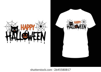 Ilustração de vetor de design de camiseta Feliz Halloween com elementos festivos como fantasmas, abóboras e morcegos - perfeito para vestuário, impressão ou mercadorias sazonais.