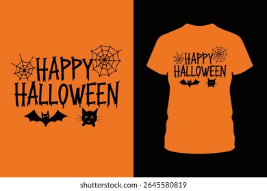 Spooky and fun Happy Halloween T-shirt design vector illustration featuring festive elements like ghosts, pumpkins, and bats—perfect for apparel, print, or seasonal merchandise.