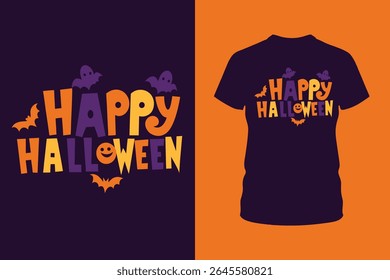 Ilustração de vetor de design de camiseta Feliz Halloween com elementos festivos como fantasmas, abóboras e morcegos - perfeito para vestuário, impressão ou mercadorias sazonais.