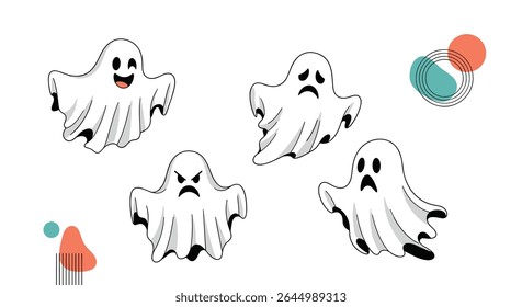 Spooky and Fun Illustrations of Adorable Ghosts for Halloween Decorations and Party Invitations