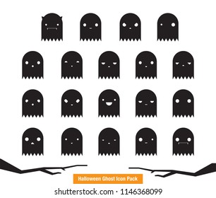 Spooky, funny black and white halloween ghost icons vector of 19 different emotions of cartoonish, horror, halloween, character design concept, halloween ghost icon set