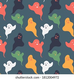 Spooky and funny colored ghosts seamless pattern. Nice vector illustration in halloween mood for fabric, textile, wallpaper, wrapping paper,  background. Calm autumn palette. EPS 10