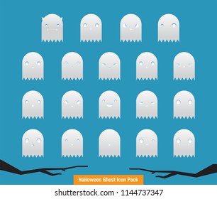 Spooky, funny colourful halloween ghosts vector of 19 different emotions of cartoonish, horror, halloween, character design concept, halloween ghost icon set