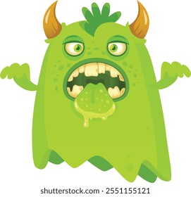 Spooky and funny ghost monster with green skin, sticking its tongue out, revealing sharp teeth and an open mouth, creating a playful yet eerie halloween vibe