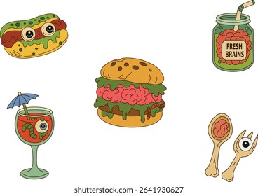 Spooky and funny Halloween food vector clipart set featuring stylized snacks: a zombie burger, eyeball cocktail, brain jar, and creepy utensils. Perfect for Halloween designs, autumn decor, journal