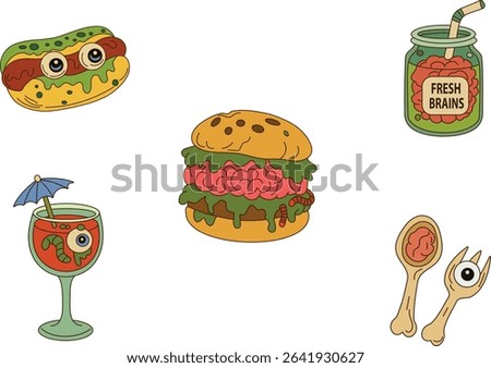 Spooky and funny Halloween food vector clipart set featuring stylized snacks: a zombie burger, eyeball cocktail, brain jar, and creepy utensils. Perfect for Halloween designs, autumn decor, journal
