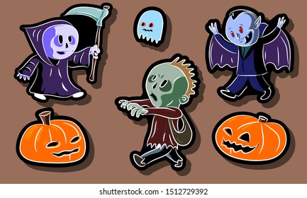 Spooky and funny halloween stickers! 
 Characters, Grim Reaper, ghost, zombie  and vampire, as well as pumpkins. Vector sketch illustration.