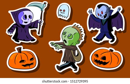 Spooky and funny halloween stickers! 
 Characters, Grim Reaper, ghost, zombie  and vampire, as well as pumpkins. Vector sketch illustration.