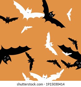 Spooky Funny Light Faces Modern Style Simple Art. Scary Motion Attack Black Art Flying Bats Fabrics. White Chaos Retro Bats Vector Design Pic. Orange Grey Print Creepy Halloween Art Illustration.