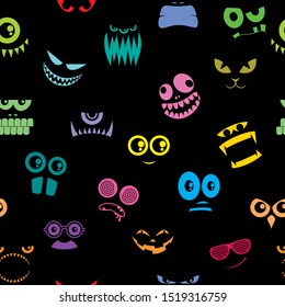 Spooky and funny seamless pattern with cartoon Halloween monsters.