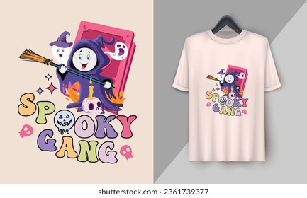 Spooky gang - Retro Halloween Cute T-shirt Design with groovy style, Boo, Ghost, pumpkin, witch, etc 