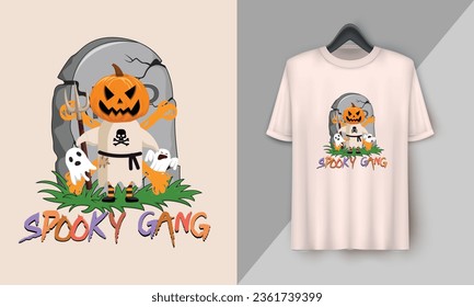 Spooky gang - Retro Halloween Cute T-shirt Design with groovy style, Boo, Ghost, pumpkin, witch, etc 
