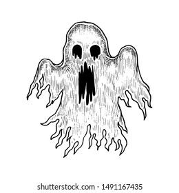 Spooky Ghost Appartion, Hand Drawn Illustration, Isolated Vector