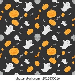spooky ghost and bat flying on night sky pumkin and skull smile to you halloween seamless pattern
