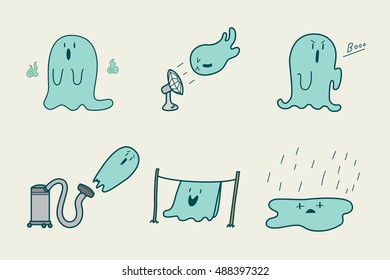 Spooky ghost cartoon character, Halloween set, Vector illustration.