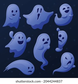 Spooky ghost. Cartoon ghosts, ghostly shadows or spirits. Funny cute transparent phantom, halloween scary flying and peeping recent vector characters