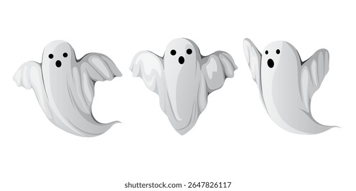 personagem fantasma assustador fly.halloween conceito assustador monstro fantasmagórico, morto boo horror bonito desenho animado engraçado ghost.haunted demon símbolo conjunto isolado no fundo branco vetor ilustração.