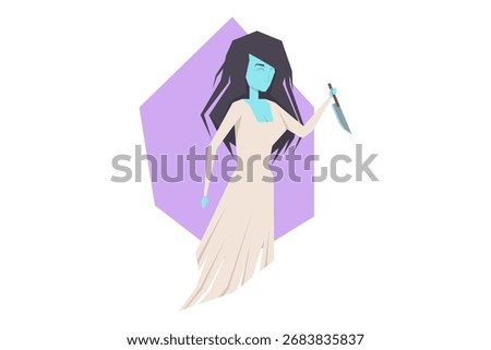 Spooky ghost figure standing with knife in hand. Dressed in flowing white gown, ghost giving off eerie vibe, perfect for Halloween season