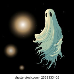 Fantasma assustador flutuando através do espaço, destacado por orbes brilhantes em um céu escuro. Ilustração vetorial isolada, minimalista e misteriosa, adequada para Halloween, temas paranormais ou arte sobrenatural.