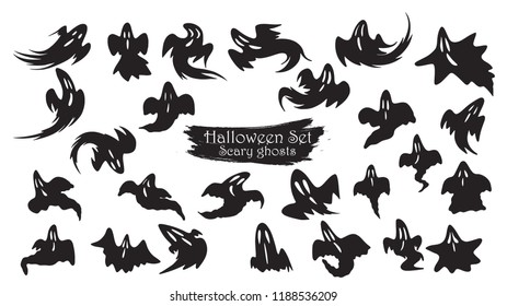 Spooky ghost fly silhouette collection of Halloween vector isolated on white background. scary, haunted and creepy expression element