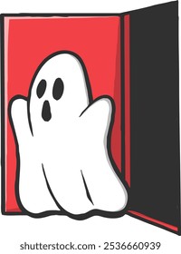 Spooky ghost in front of door, hand drawing, vector illustration