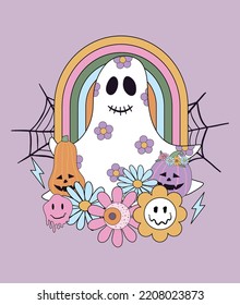 Spooky ghost halloween illustration. 70s retro style elements like boho pumpkin, flowers, smiling face icons. 