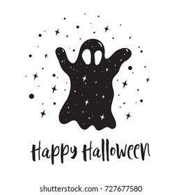 Spooky ghost halloween illustration with stars and shines. Multidimensional creature. Happy Halloween lettering for greeting card, poster, print. Stylish design template. Isolated on white background.