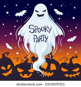 Spooky ghost Halloween party banner. Scary pumpkins and ghost spirit flat vector background illustration