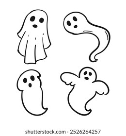 Spooky ghost halloween set doodle hand drawing isolated. Vector illustration