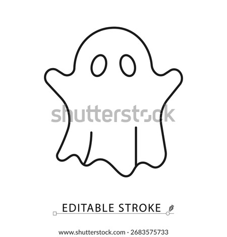 A spooky ghost icon in a minimalist line style with editable stroke. Halloween monster, scary phantom silhouette, supernatural creature, horror spirit, paranormal apparition, boo concept.