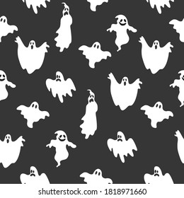 Spooky ghost illustration seamless pattern on dark grey background for Halloween  fashion print, wrapping paper, greeting card etc.