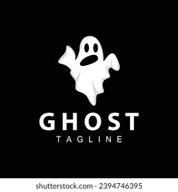 Spooky Ghost Logo, Simple Halloween Cartoon Devil Design Illustration Template Black Background
