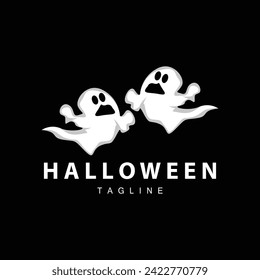 Spooky Ghost Logo, Simple Halloween Cartoon Devil Design Illustration Template Black Background