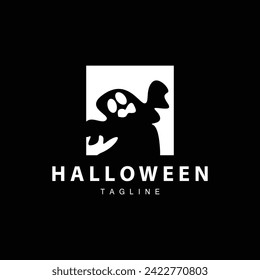 Spooky Ghost Logo, Simple Halloween Cartoon Devil Design Illustration Template Black Background