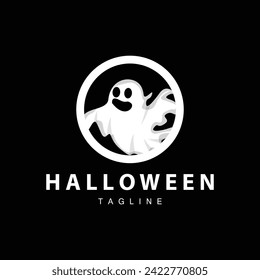 Spooky Ghost Logo, Simple Halloween Cartoon Devil Design Illustration Template Black Background