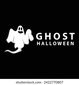 Spooky Ghost Logo, Simple Halloween Cartoon Devil Design Illustration Template Black Background