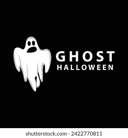 Spooky Ghost Logo, Simple Halloween Cartoon Devil Design Illustration Template Black Background