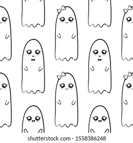 Spooky ghost monochrome hand drawn pattern background. Ideal for wrapping paper, poster, advert, apparel, cloth. 