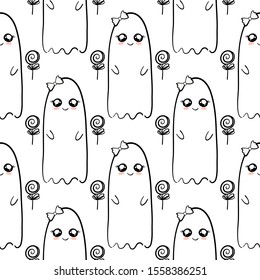 Spooky ghost monochrome hand drawn pattern background. Ideal for wrapping paper, poster, advert, apparel, cloth. 