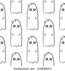Spooky ghost monochrome hand drawn pattern background. Ideal for wrapping paper, poster, advert, apparel, cloth. 