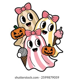 Spooky ghost painting vector, Some cute ghost character standing with a Bubble Tea and two pumpkins design vector elements.