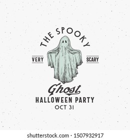 Spooky Ghost Party Halloween Logo or Label Template. Hand Drawn Colorful Ghost Sketch Symbol with Retro Typography. Shabby Textures. Isolated.