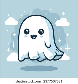 spooky Ghost phantom flat design kawaii illustration clouds background 