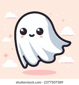 spooky Ghost phantom flat design kawaii illustration clouds background 