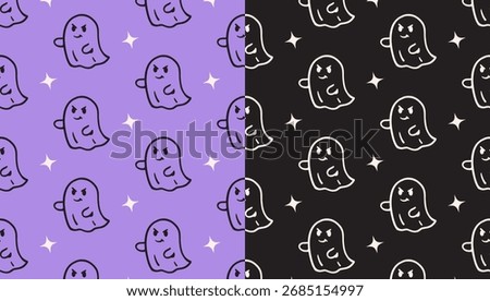 spooky ghost, phantom, light doodle pattern on purple black background set for Halloween merchandise. haunted apparition, spirit, ghoul, star, isolated seamless pattern background. vector illustration