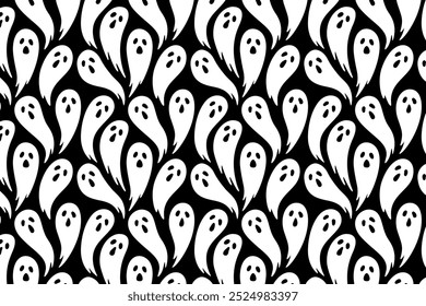 spooky, ghost, phantom seamless pattern background for print on textile, wrapping,banner, card. bogeyman flying, specter old school pattern on black background. groovy white ghost fly pattern