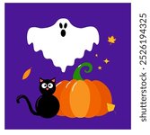 Spooky Ghost pumpkin black cat leaves autumn Halloween composition, vector illustration